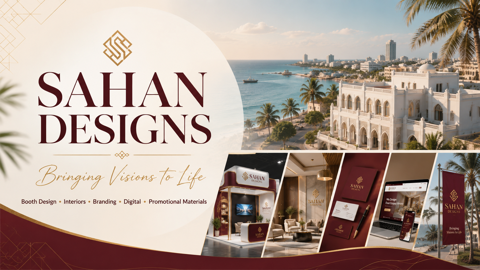 Sahan Designs creative services showcase featuring Mogadishu, exhibition booth design, interiors, branding, digital design and promotional materials.